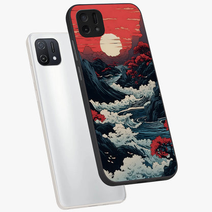 Red Sunset Scenery Glass Case displayed in angled mockup highlighting glowing sunset sky design with scenic aesthetic.