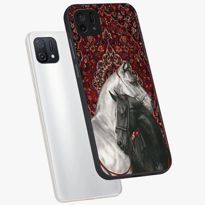 Regal Stallion Tapestry Glass Case displayed in angled mockup highlighting royal stallion design with decorative heritage aesthetic.