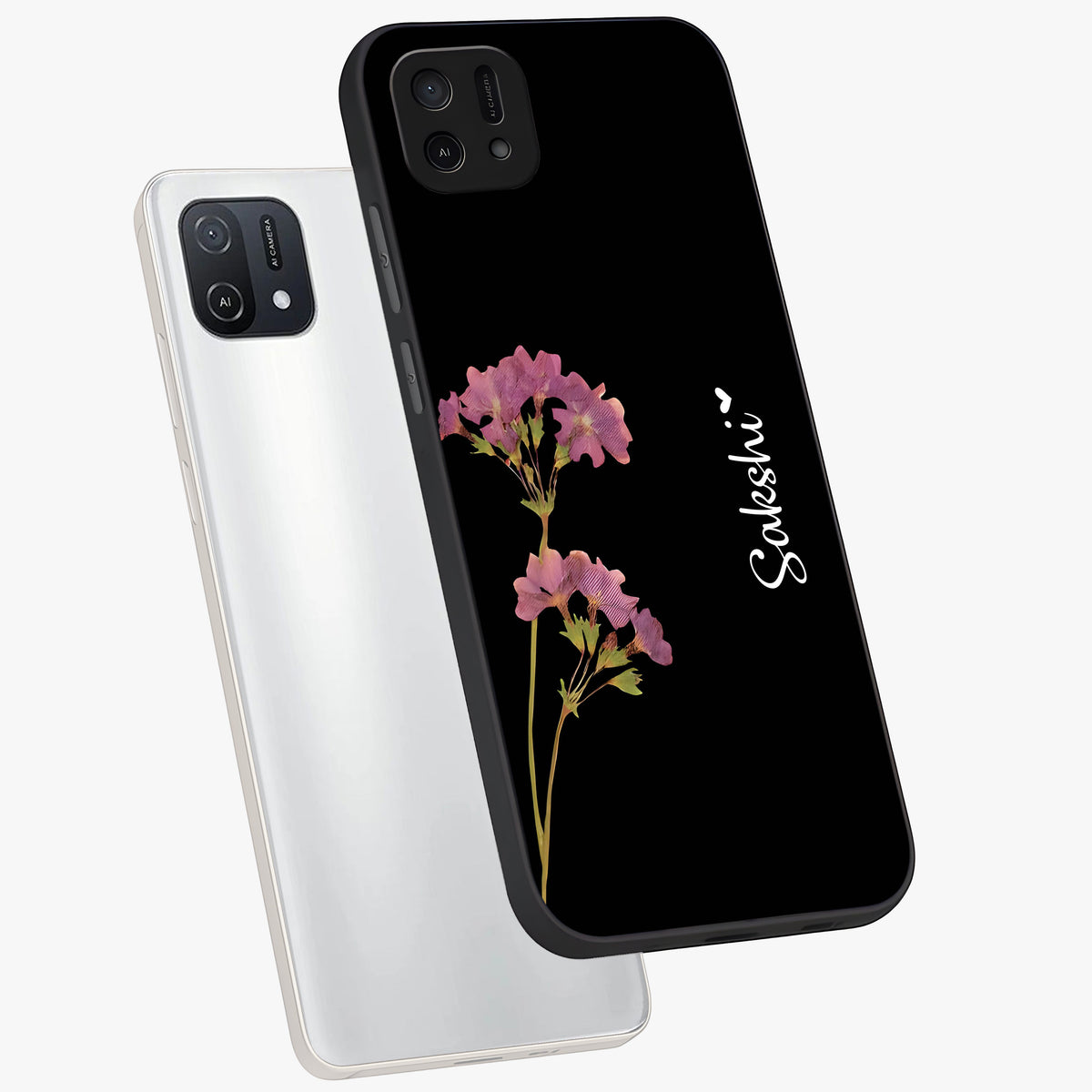 Riching Lavender Flower Custom Name Glass Case displayed in angled mockup highlighting delicate lavender flower design with custom name feature.