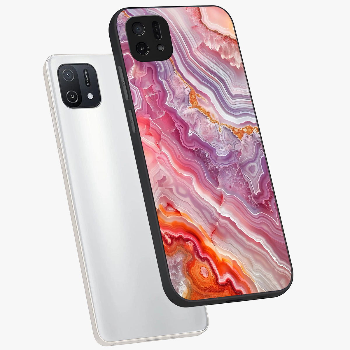 Rose Quartz Marble Glass Case displayed in angled mockup highlighting elegant marble pattern with soft aesthetic style.