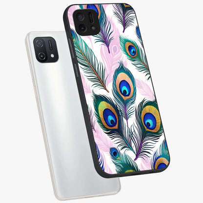 Royal Peacock Feathers Glass Case displayed in angled mockup highlighting vibrant feather pattern with regal aesthetic style.