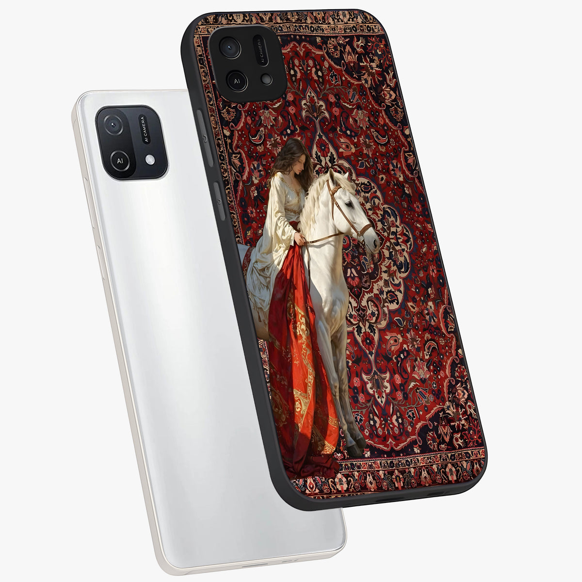 Royal Rider Tapestry Glass Case displayed in angled mockup highlighting traditional tapestry design with royal heritage aesthetic.