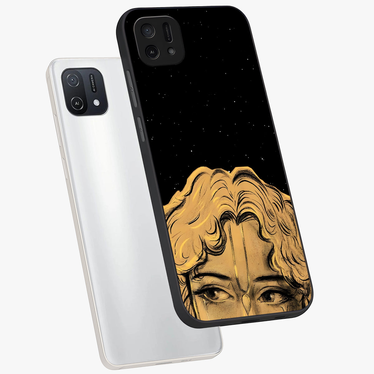 Shri Krishna Art Glass Case displayed in angled mockup highlighting spiritual Krishna illustration with divine aesthetic.