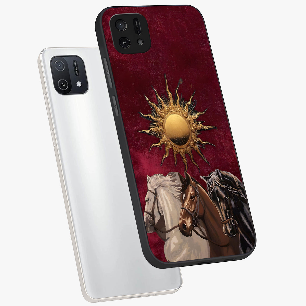 Solar Riders Glass Case displayed in angled mockup highlighting powerful rider illustration with radiant solar aesthetic.
