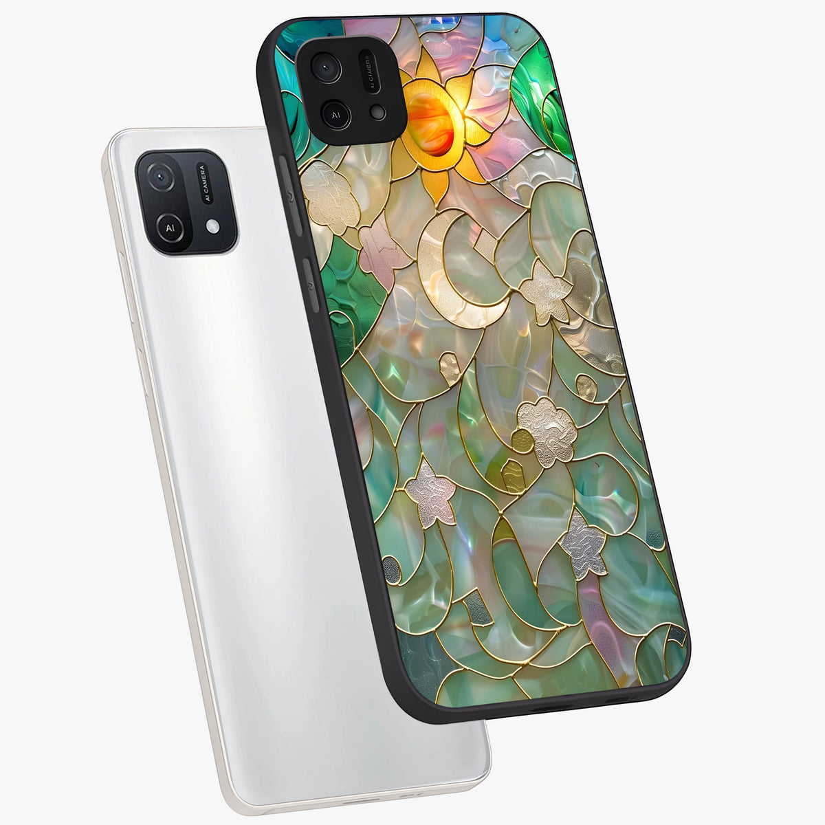 Stained Sunrise Glow Glass Case displayed in angled mockup highlighting radiant sunrise design with artistic aesthetic style.