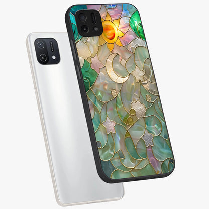 Stained Sunrise Glow Glass Case displayed in angled mockup highlighting radiant sunrise design with artistic aesthetic style.