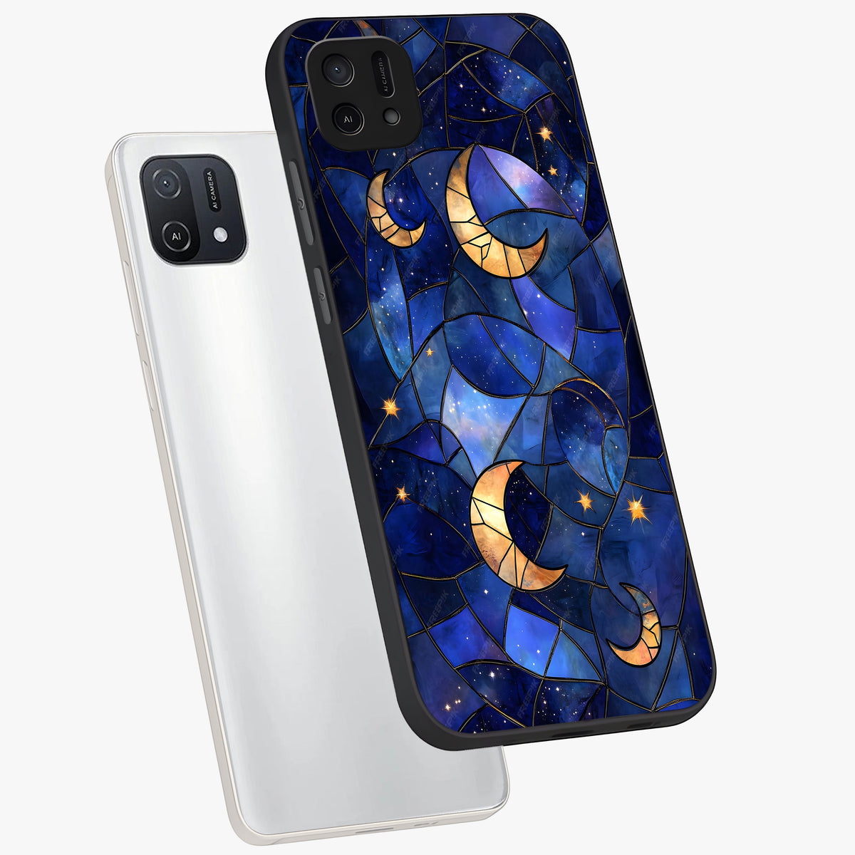 Starlit Sky Tapestry Glass Case displayed in angled mockup highlighting celestial night pattern with artistic aesthetic style.