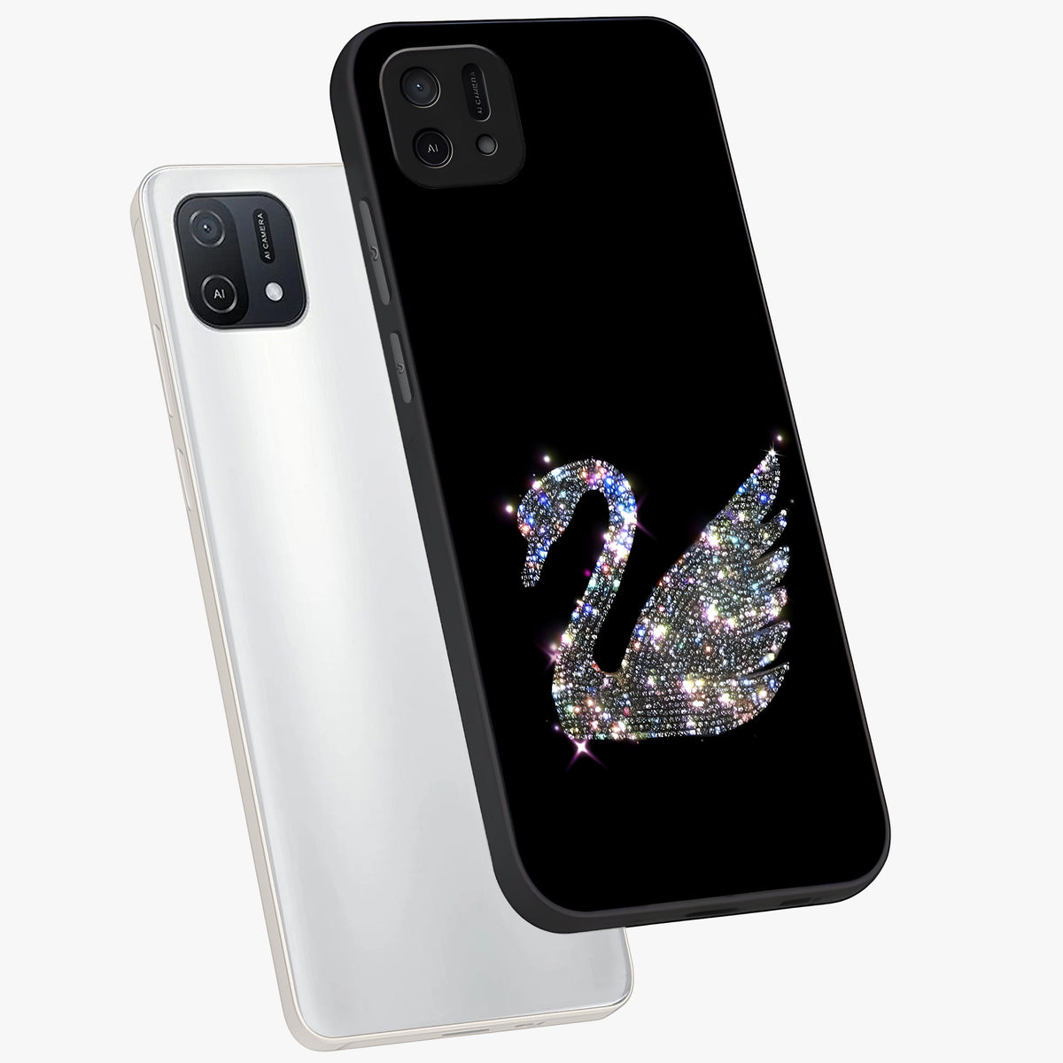 Starlit Swan Grace Glass Case displayed in angled mockup highlighting elegant swan illustration with dreamy celestial aesthetic.