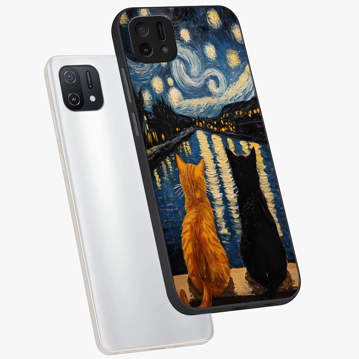 Starry River Cats Glass Case displayed in angled mockup highlighting charming feline illustration with dreamy night aesthetic.