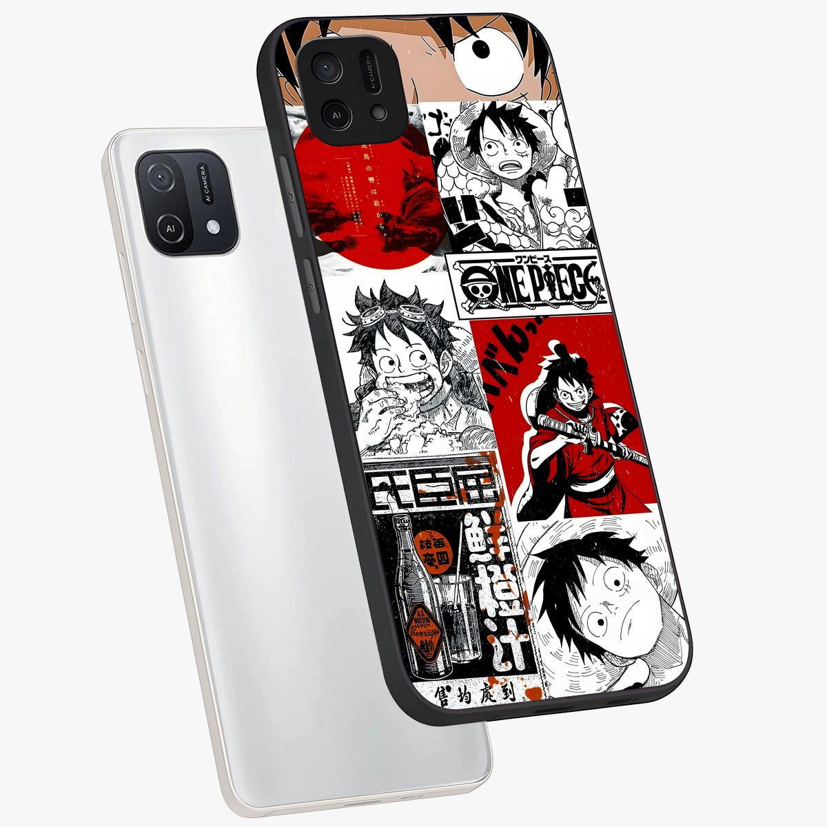 Strawhat Chaos Panels Glass Case displayed in angled mockup highlighting vibrant anime collage design with action aesthetic.
