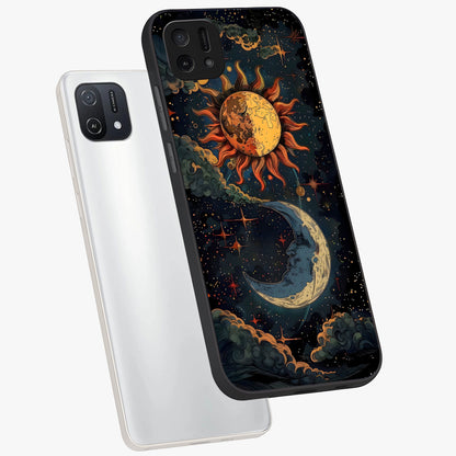 Sun And Moon Magic Design Glass Case displayed in angled mockup highlighting celestial design with magical cosmic aesthetic.