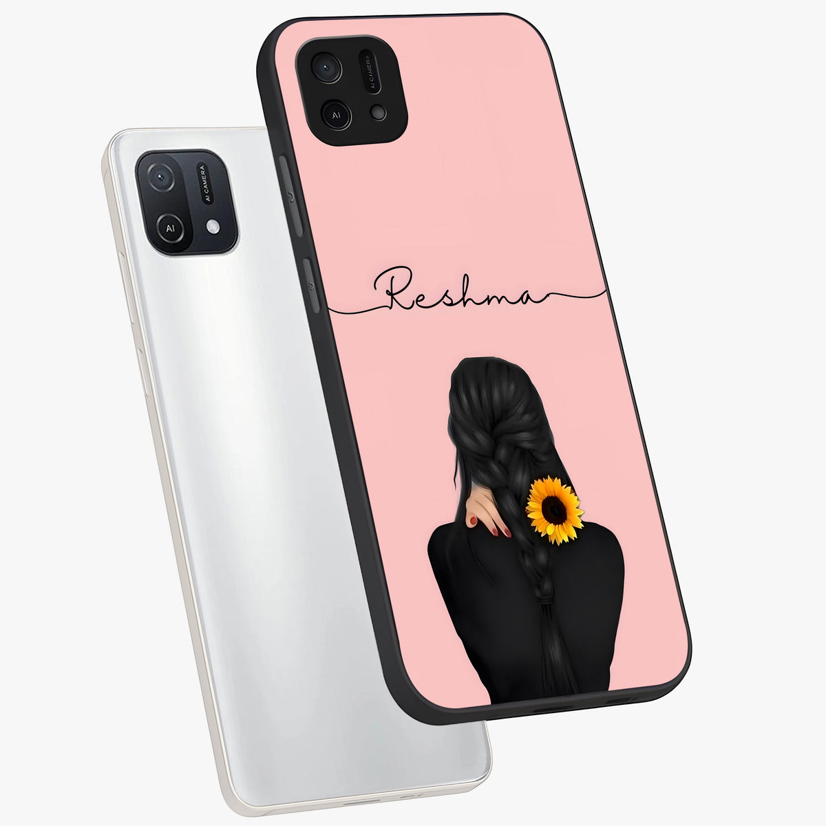 Sunflower Braid Beauty With Custom Name Glass Case displayed in angled mockup highlighting elegant sunflower design with custom name feature.