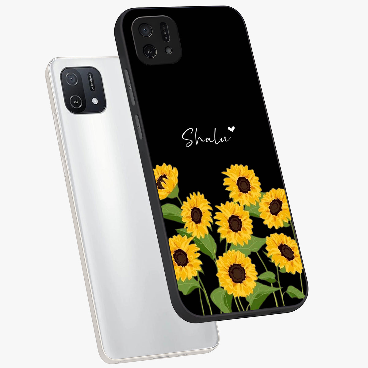 Sunflower Chic Mood Custom Name Glass Case displayed in angled mockup highlighting vibrant sunflower design with custom name feature.