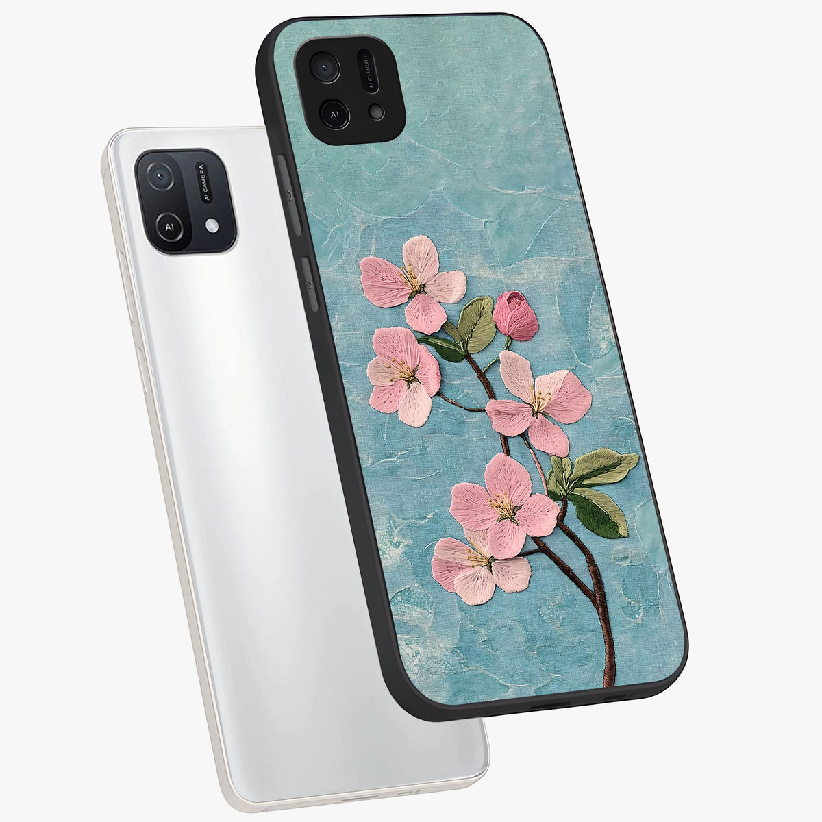 Threaded Blossom Breeze Glass Case displayed in angled mockup highlighting elegant floral design with soft aesthetic style.