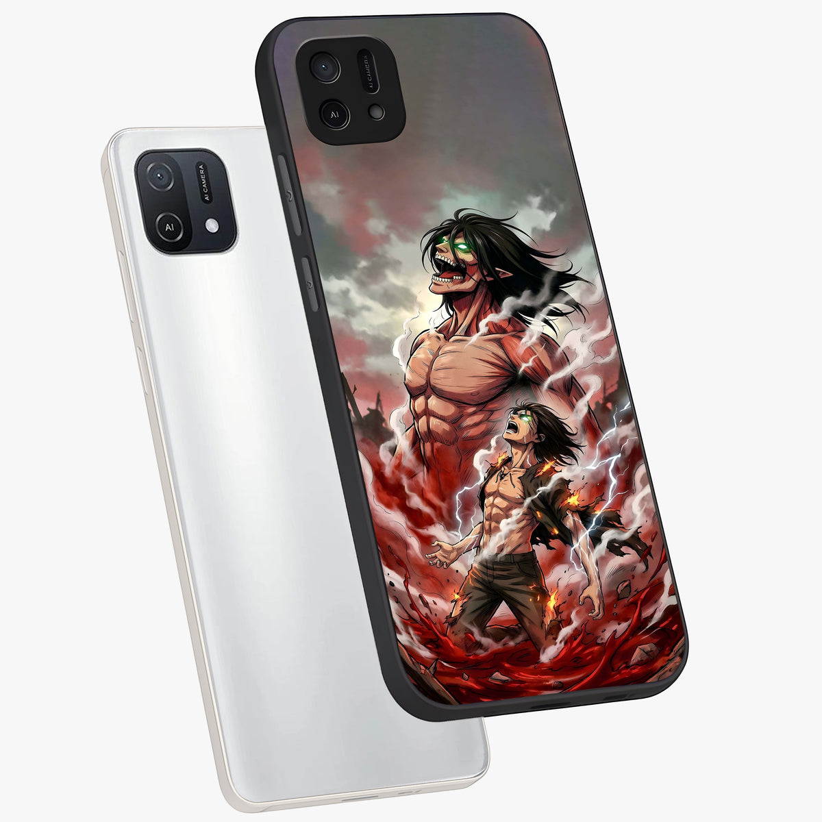 Titan Awakening Fury Glass Case displayed in angled mockup highlighting dramatic giant warrior design with bold anime aesthetic.