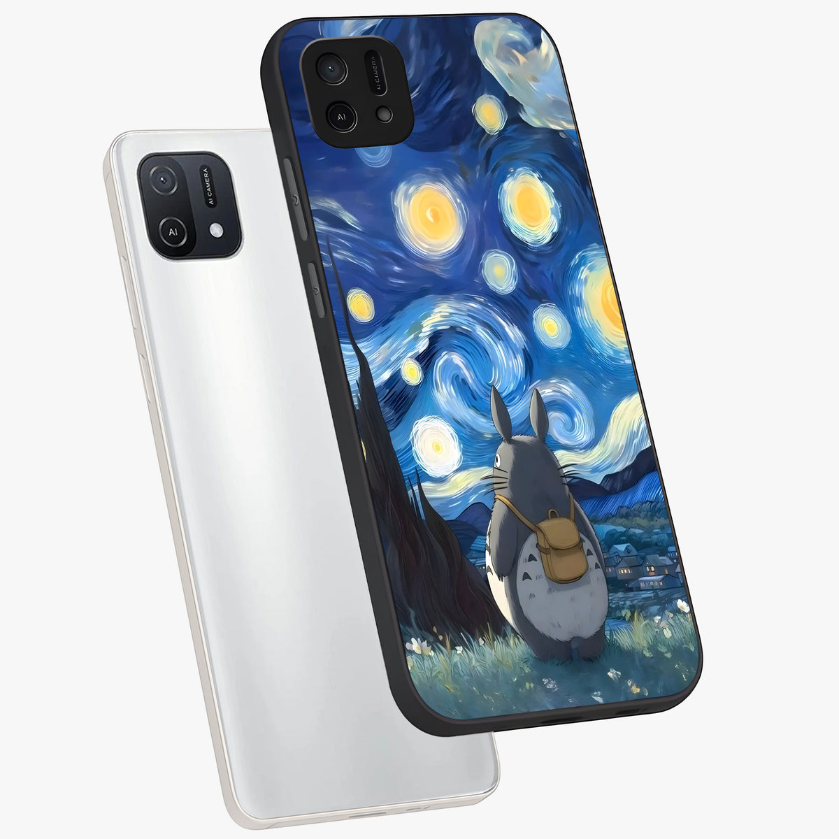 Totoro In Van Gogh Art Glass Case displayed in angled mockup highlighting artistic swirling sky design with playful animation aesthetic.