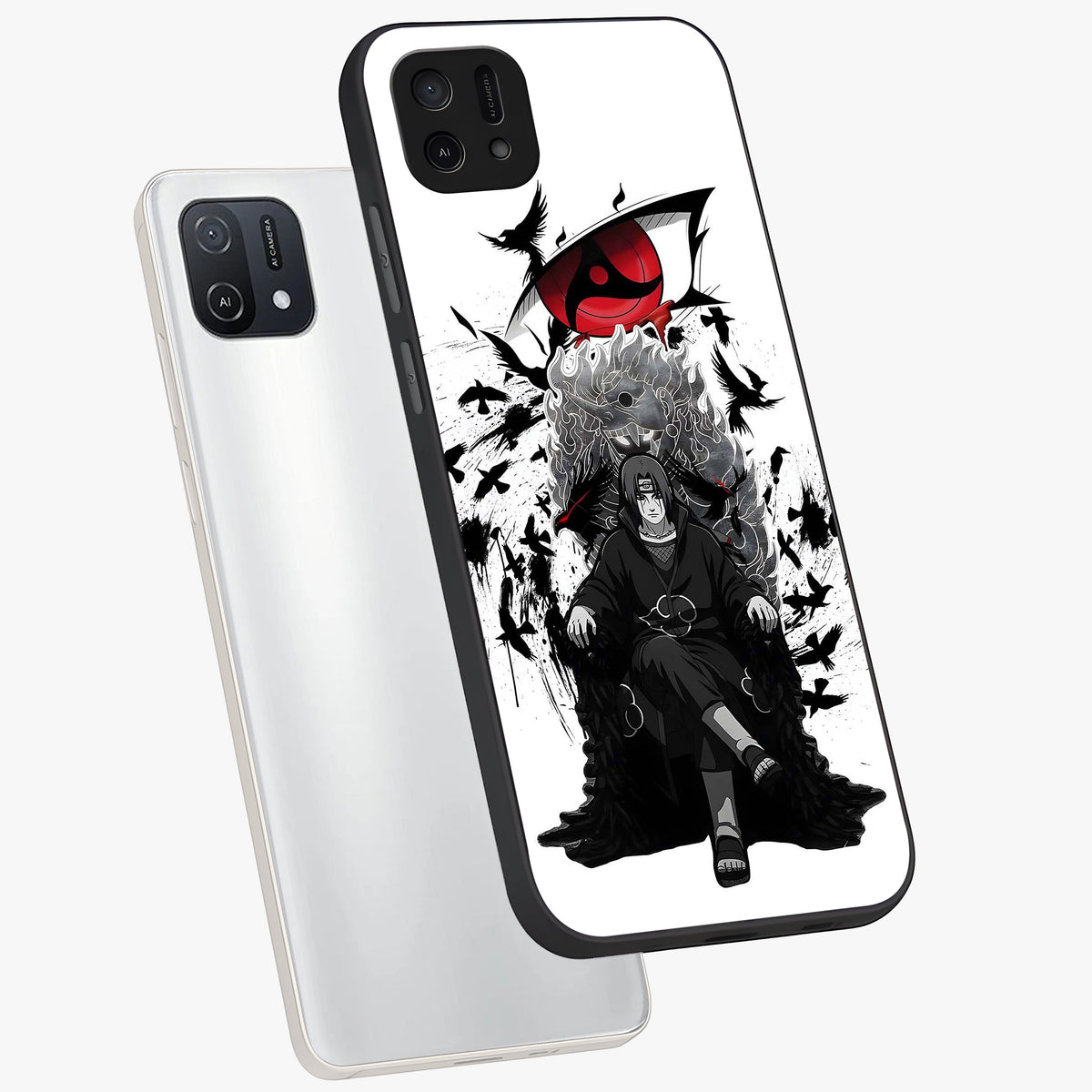 Uchiha Shadow Throne Glass Case displayed in angled mockup highlighting glowing aquatic design with celestial aesthetic.