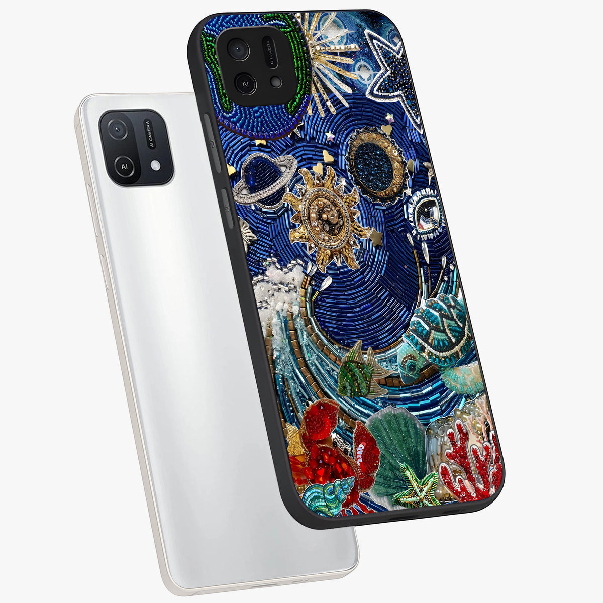Universe Underwater Spark Glass Case displayed in angled mockup highlighting glowing aquatic design with celestial aesthetic.