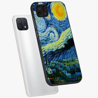 Van Gogh Art Glass Case displayed in angled mockup highlighting swirling brushstroke design with artistic aesthetic.