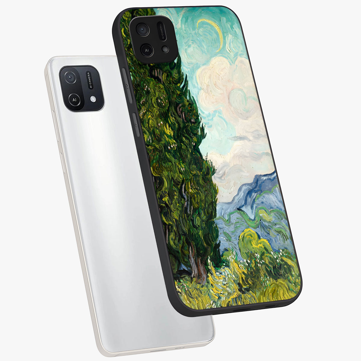 Van Gogh Vintage Art Glass Case displayed in angled mockup highlighting textured brushstroke design with classic aesthetic.