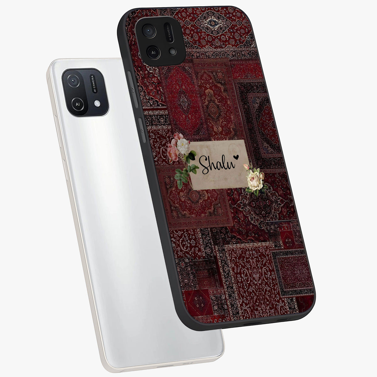Velvet Wine Pattern Custom Name Glass Case displayed in angled mockup highlighting decorative velvet inspired design with custom name feature.
