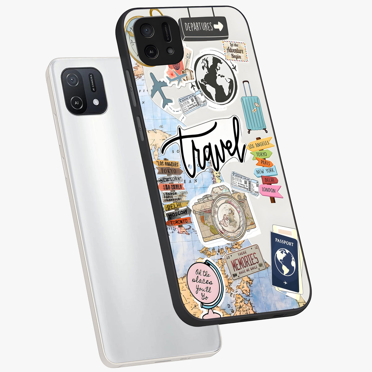 Wanderlust Journal Glass Case displayed in angled mockup highlighting adventure themed design with aesthetic travel vibe.