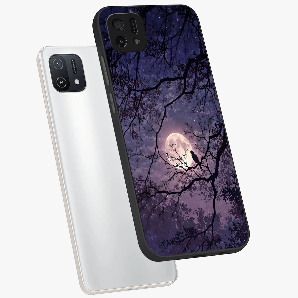 Whispering Moon Silence Glass Case displayed in angled mockup highlighting calm lunar design with dreamy night aesthetic.