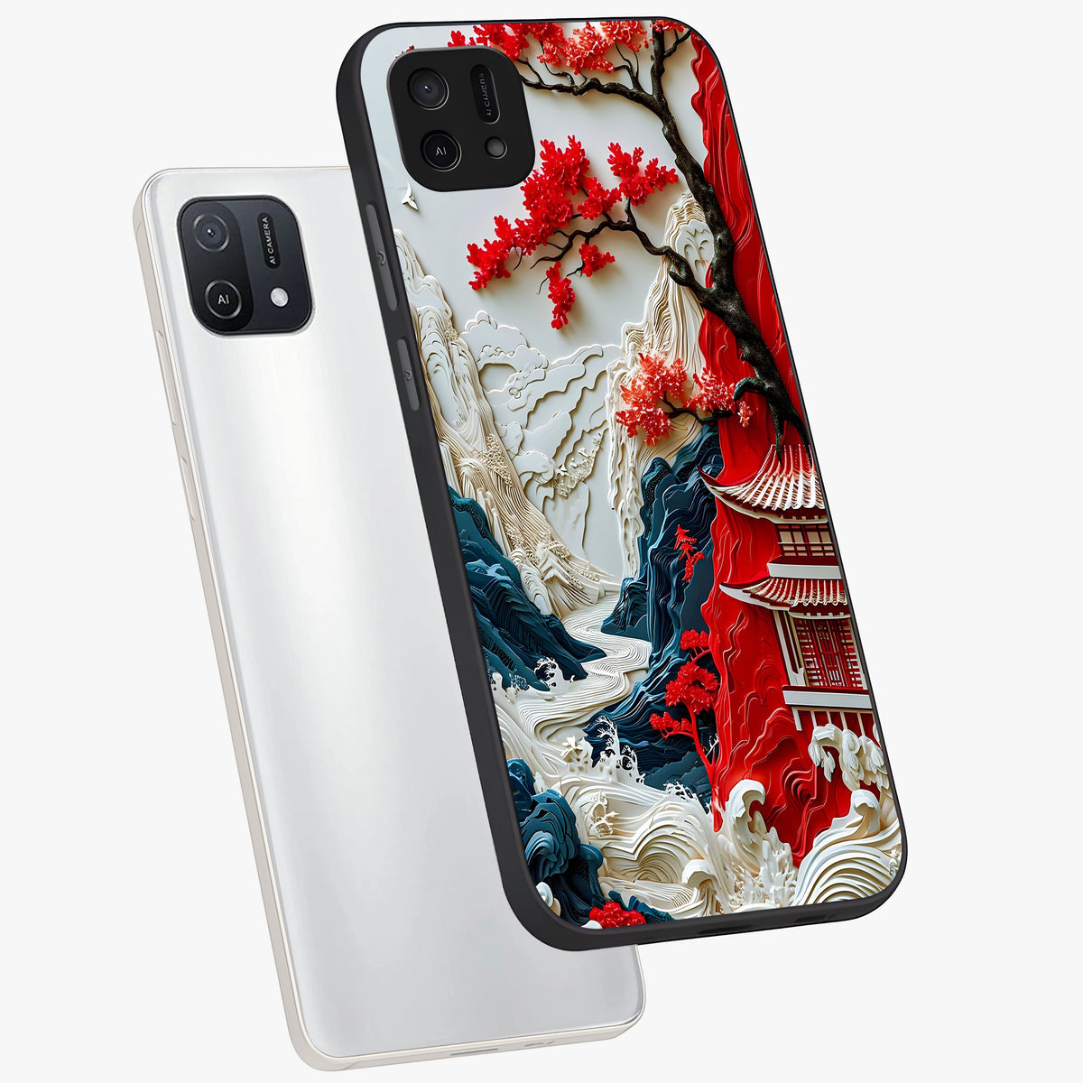 Whispers Of Sakura Waves Glass Case displayed in angled mockup highlighting flowing sakura design with soft floral aesthetic.