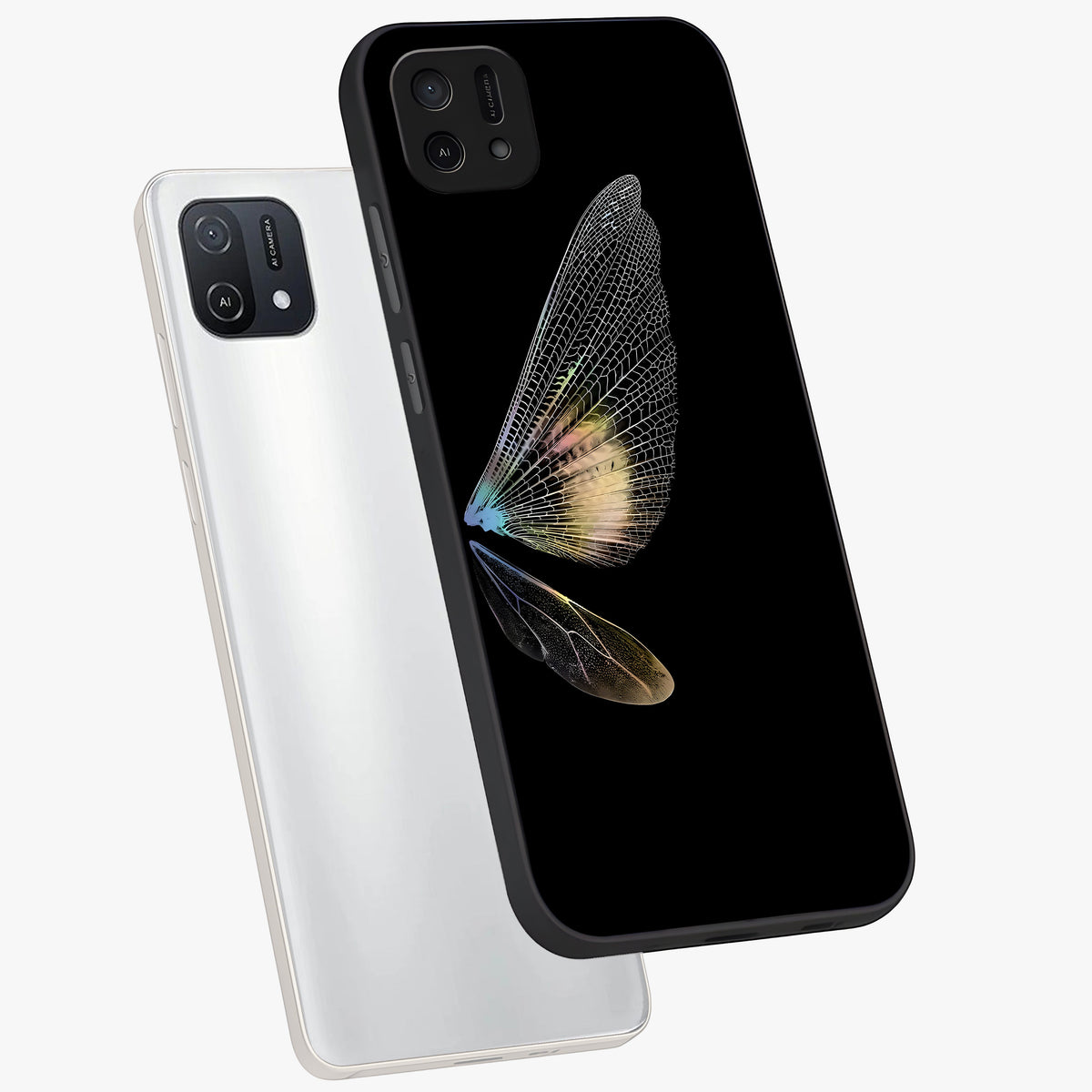 Whispers Of Wings Glass Case displayed in angled mockup highlighting soft feather design with celestial aesthetic style.