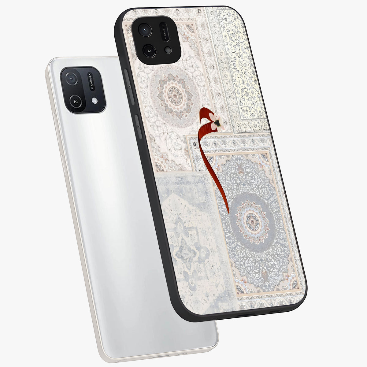 White Aesthetic Bow Glass Case displayed in angled mockup highlighting clean bow design with soft aesthetic style.