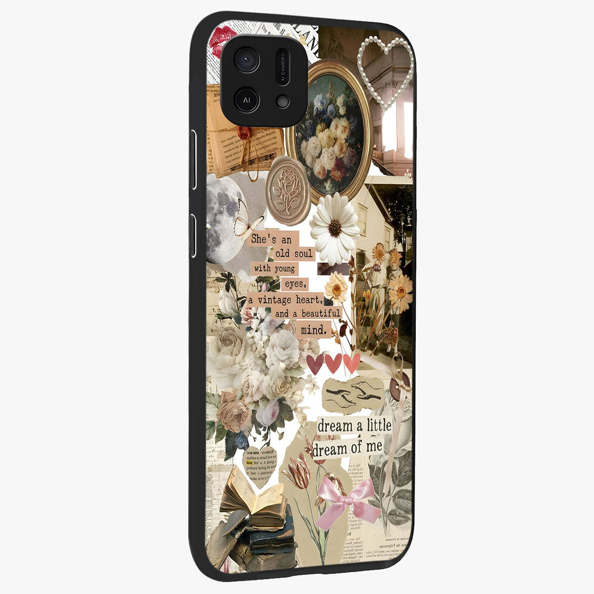 Aesthetic Brown Vintage Collage Glass Case upright view showcasing nostalgic retro artwork with stylish vintage theme.