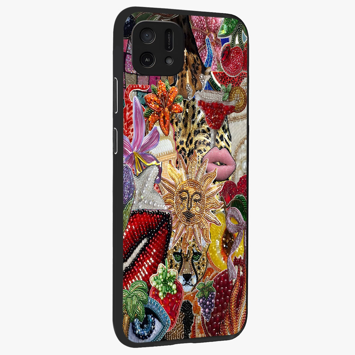 Beaded Fashion Jungle Glass Case upright view showcasing tropical jungle aesthetic with decorative bead elements.