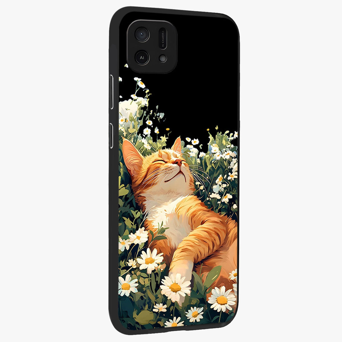 Blissful Bloom Cat Glass Case upright view showcasing charming cat design surrounded by blooming floral elements.