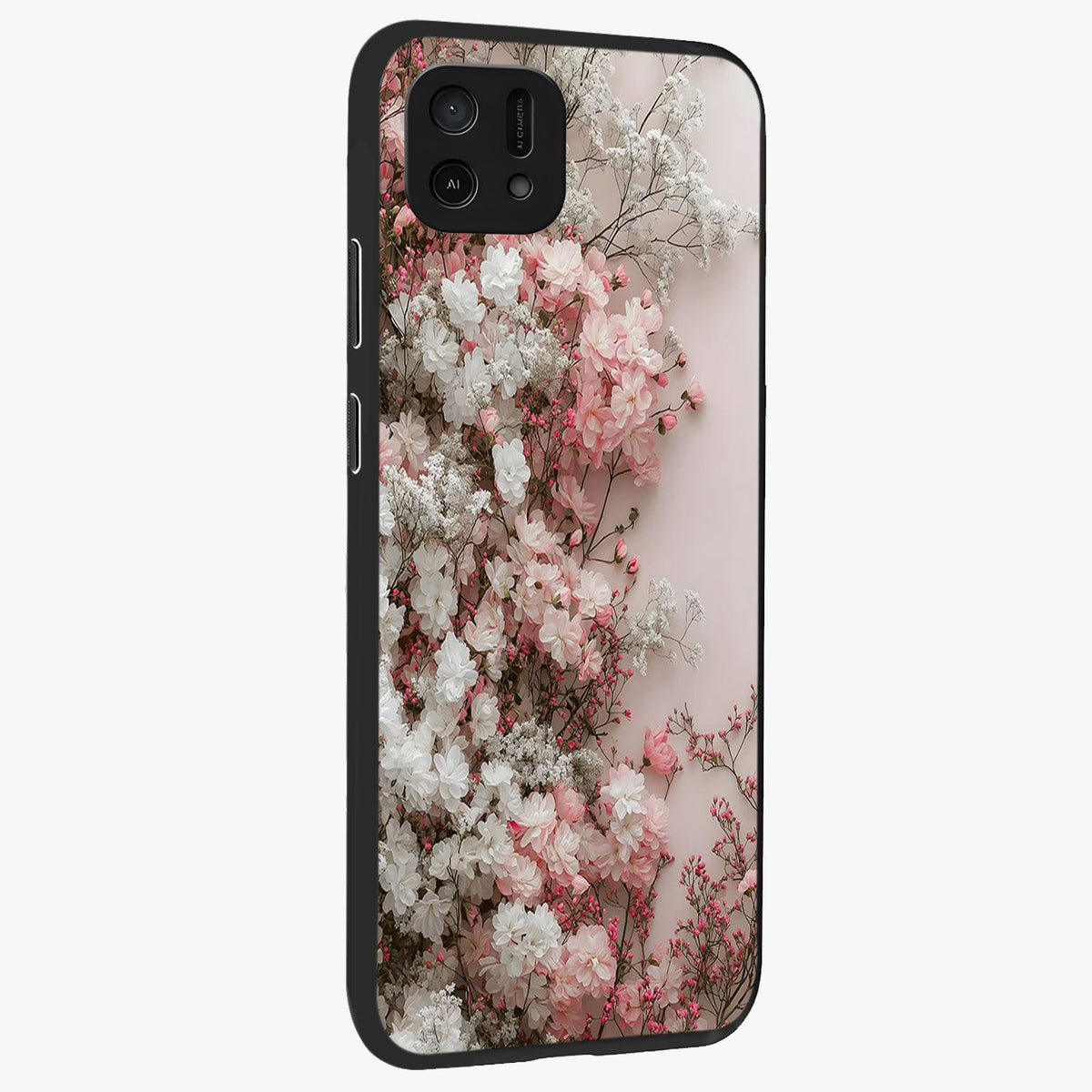 Blush Blossom Cloud Glass Case upright view showcasing calm floral cloud artwork with gentle dreamy theme.