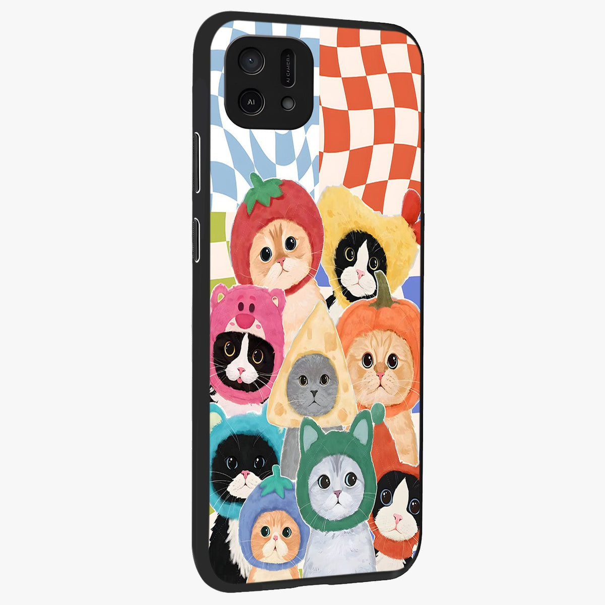 Cats in Fruits Glass Case upright view showcasing charming cat artwork with fun fruity theme.