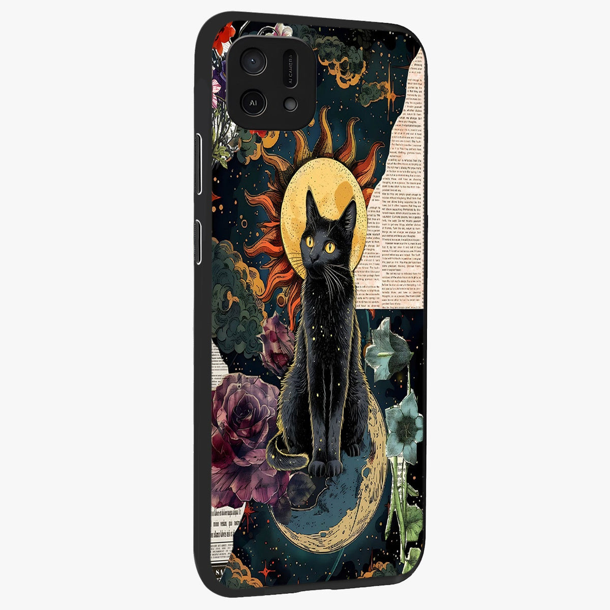Celestial Black Cat Glass Case upright view showcasing magical black cat illustration with starry cosmic theme.