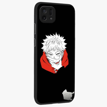 Crimson Chaos Smile Glass Case upright view showcasing expressive chaotic artwork with striking visual theme.