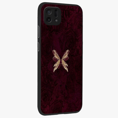 Crimson Fade Butterfly Glass Case upright view showcasing graceful butterfly artwork with soft crimson fade effect.