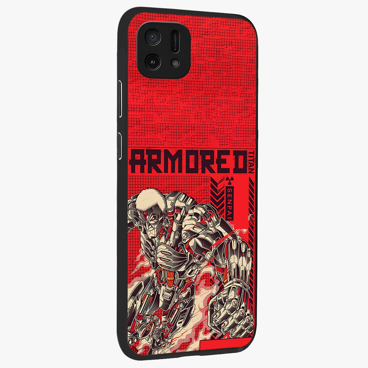 Crimson Mecha Titan Glass Case upright view showcasing dynamic robotic titan design with sci-fi inspired theme.
