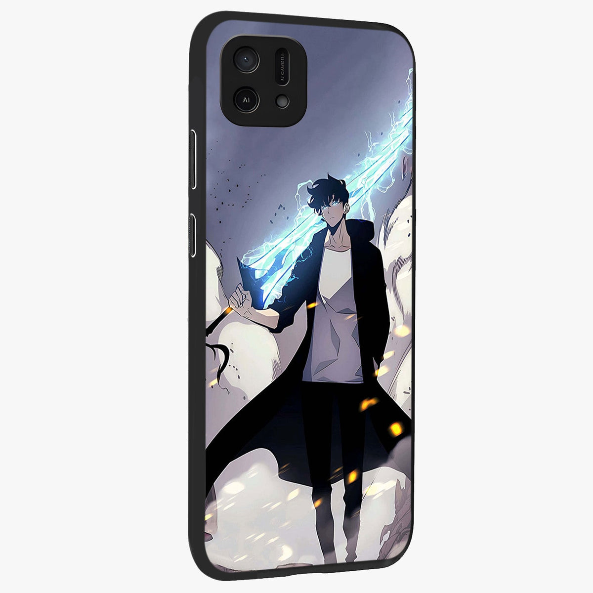 Dark Lightning Anime Warrior Glass Case upright view showcasing dramatic warrior artwork with dark lightning aesthetic.