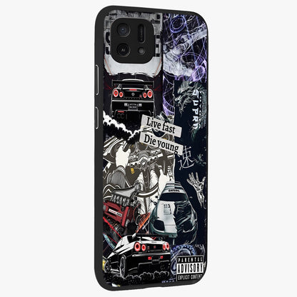 Die Young Glass Case upright view showcasing striking typography artwork with modern statement theme.