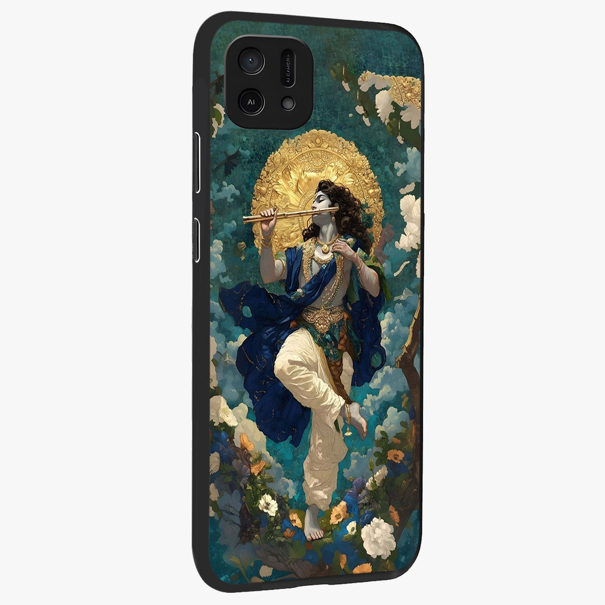 Divine Krishna Art Glass Case upright view showcasing divine Krishna artwork with sacred artistic theme.