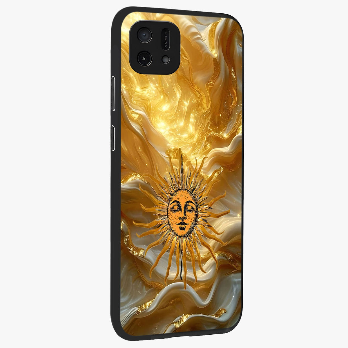 Eternal Golden Glow Glass Case upright view showcasing luminous golden artwork with luxurious visual theme.
