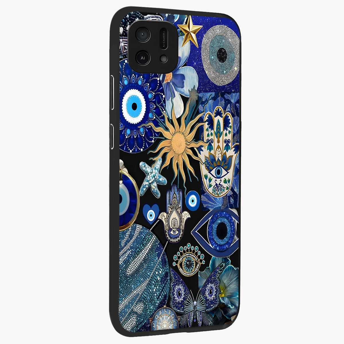 Evil Eye Charm Mix Glass Case upright view showcasing mystical evil eye pattern with vibrant decorative style.