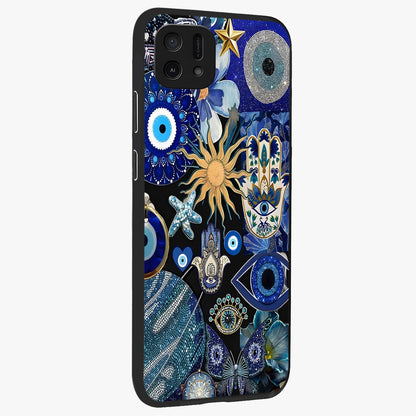 Evil Eye Charm Mix Glass Case upright view showcasing mystical evil eye pattern with vibrant decorative style.