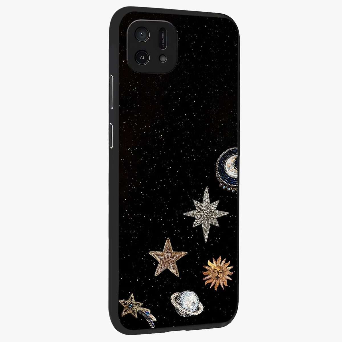 Galactic Charm Glow Glass Case upright view showcasing glowing cosmic charm artwork with magical celestial style.
