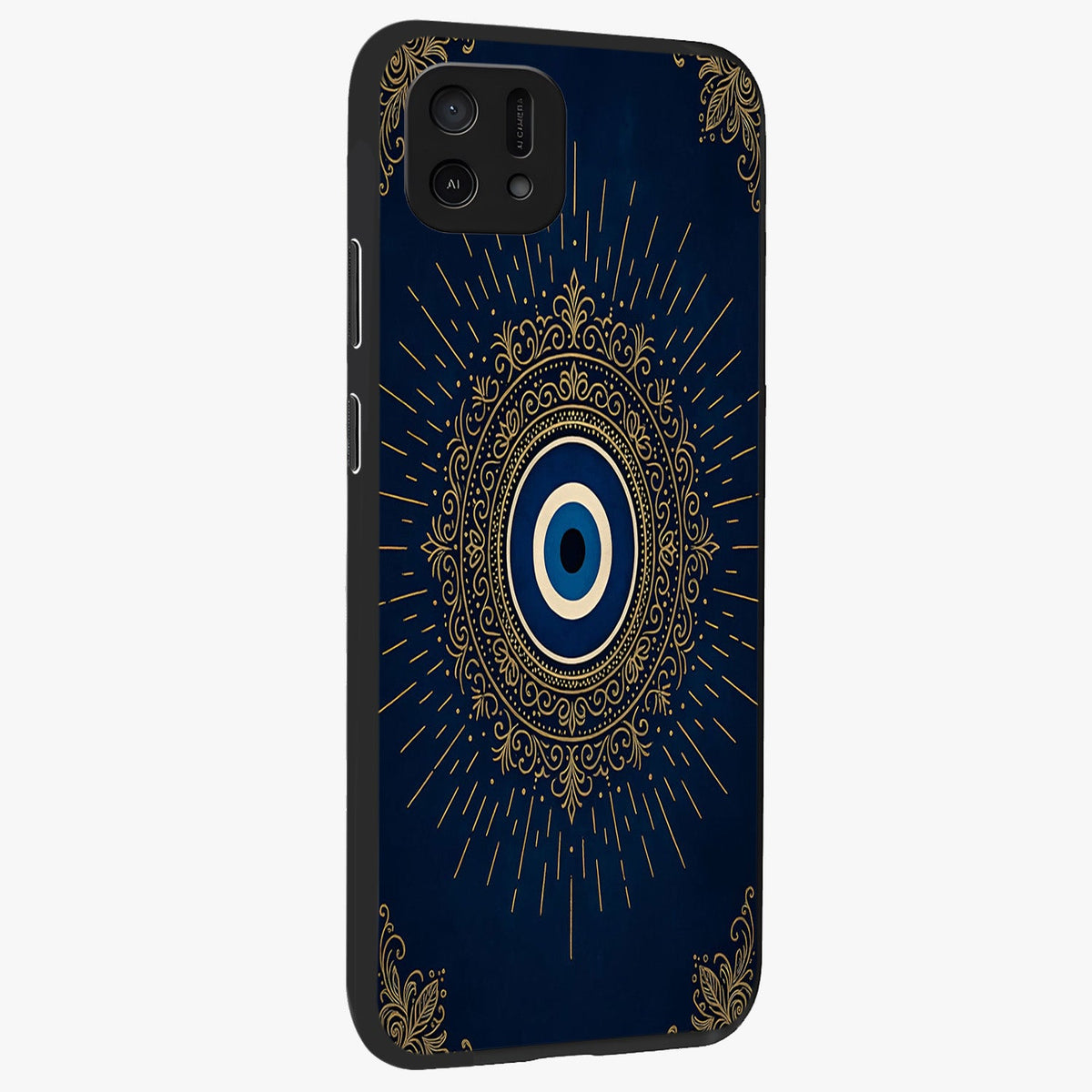 Golden Celestial Charm Glass Case upright view showcasing radiant celestial artwork with elegant golden theme.
