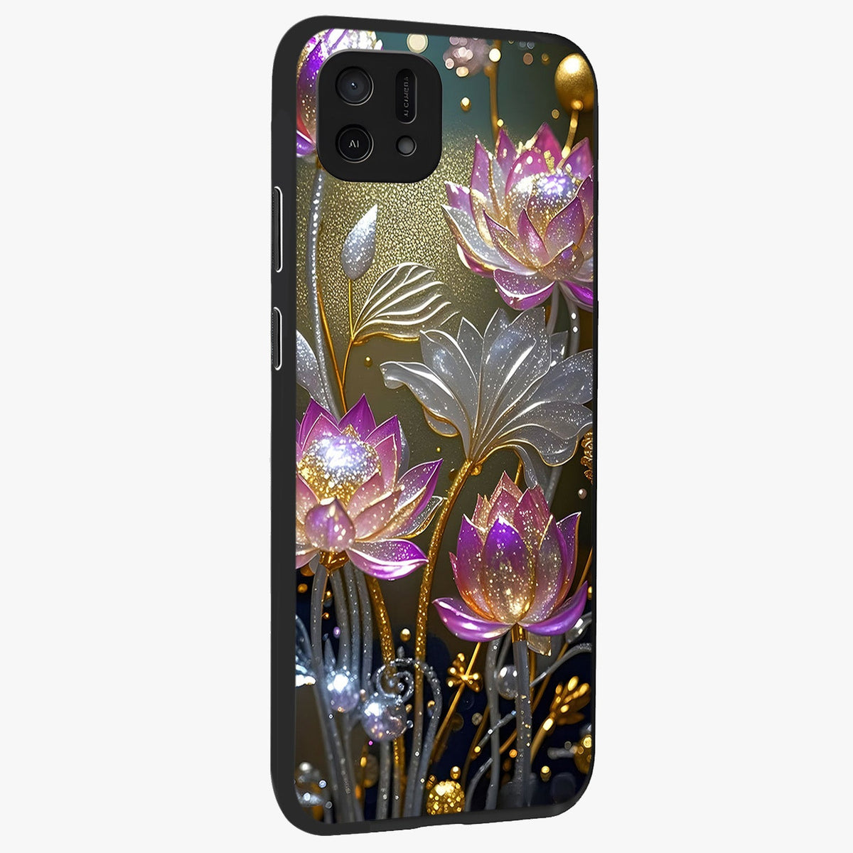 Golden Floral Majesty Glass Case upright view showcasing majestic floral artwork with rich decorative theme.