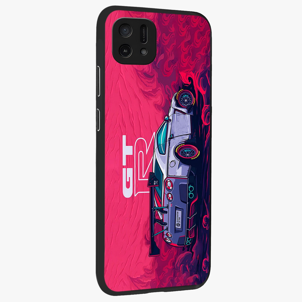 GT-R Car Pattern Glass Case upright view showcasing dynamic car pattern artwork with modern sports theme.