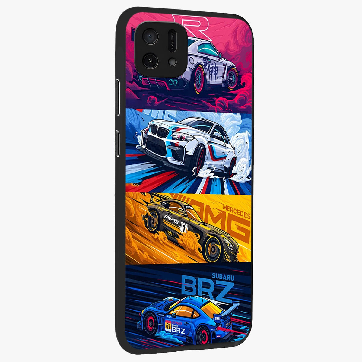 JDM Sports Car Glass Case upright view showcasing dynamic sports car artwork with bold racing theme.